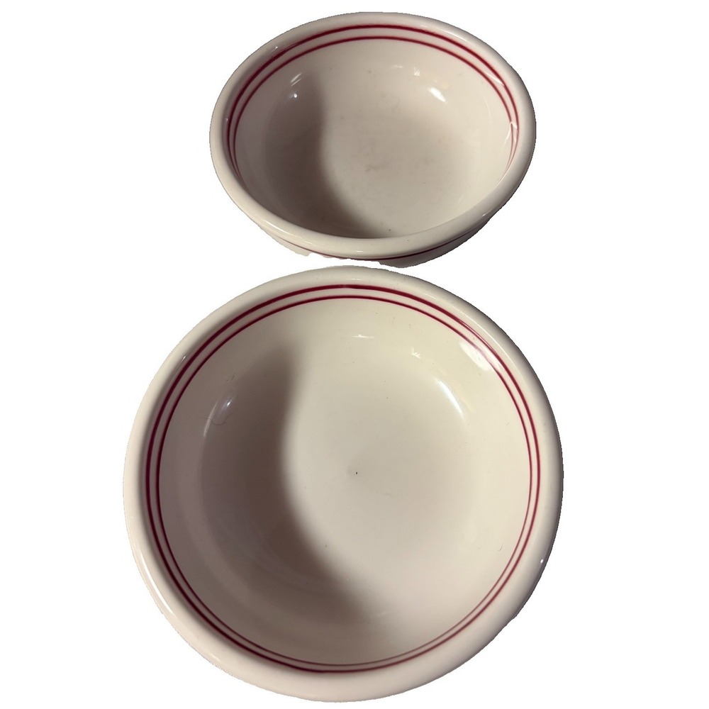 Vintage Syracuse China Restaurant Ware Bowls Red Double Stripe Set of 2 5.5" - Picture 2 of 7